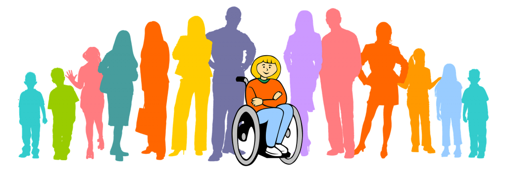 Grupo de diferentes personas con una mujer en silla de ruedas al frente
